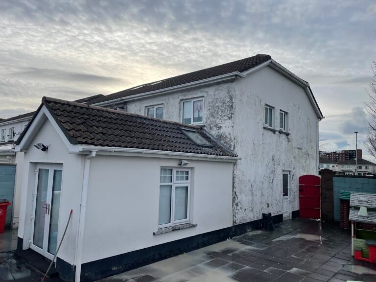 Side view of finished exterior repaint with white masonry and dark base